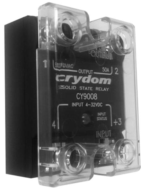 CY9008, Solid State Relay 660VAC 50A, 4-32VDC Control w/ Terminal Cover and LED Status Indicator. Equivalent to D2450, HD4850, HD6050