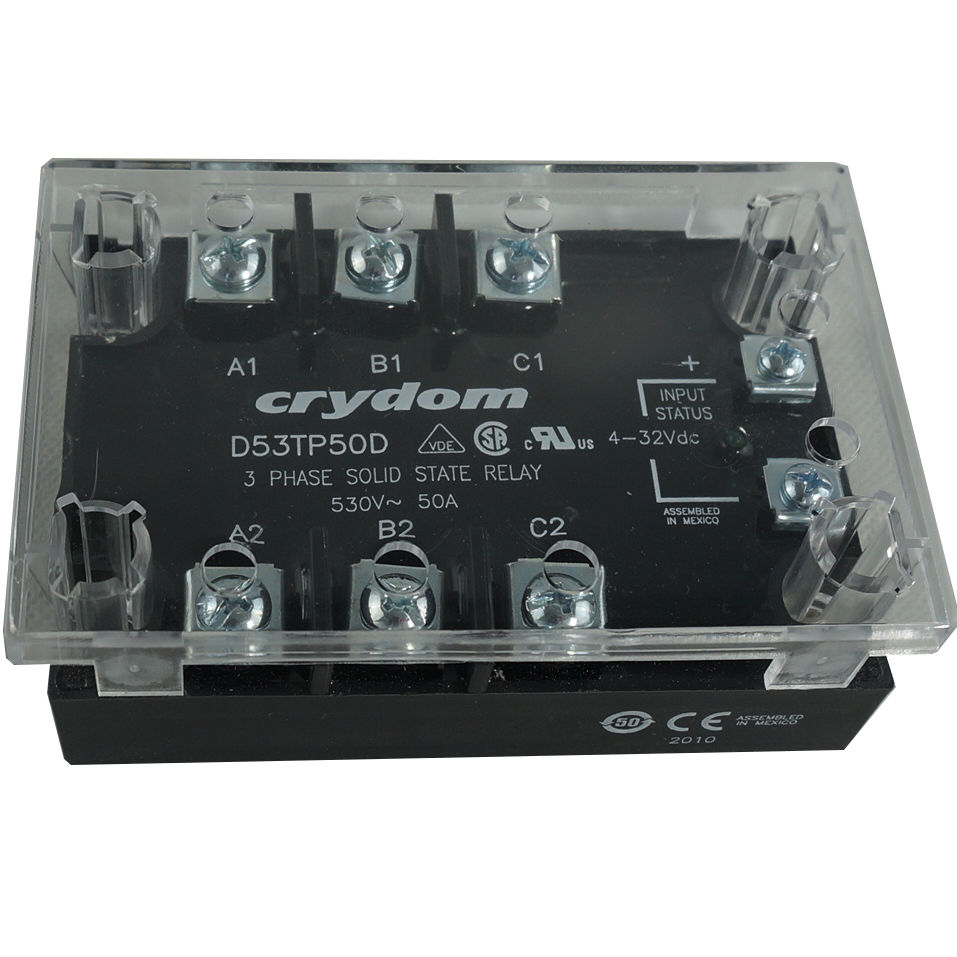 D53TP50D + KS300, SSR 3 Phase 4-32VDC Control, 50A, 48-530VAC Load, LED Status Indicator + Cover.