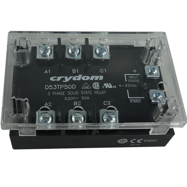 D53TP50DH + KS300, SSR 3 Phase 4-32VDC Control, 50A, 48-530VAC Load, LED Status Indicator, Cover + HSP-3 Thermal pad.