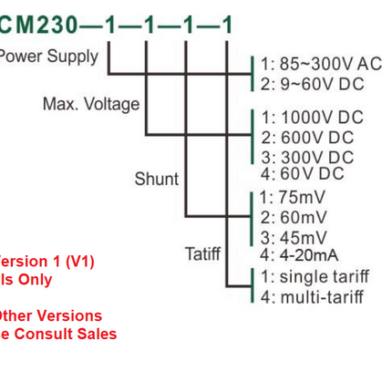 DCM230 1-2-1-1 V2, DIN Rail Mount DC kWh Meter, 1000VDC, 9-60VDC aux, Class 1, 45/60/75mV Shunt Connect, w/ 1 x pulse outputs and RS485 Modbus RTU Comms, Single Tariff, MID Approved