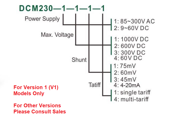 DCM230 1-2-1-1 V2, DIN Rail Mount DC kWh Meter, 1000VDC, 9-60VDC aux, Class 1, 45/60/75mV Shunt Connect, w/ 1 x pulse outputs and RS485 Modbus RTU Comms, Single Tariff, MID Approved