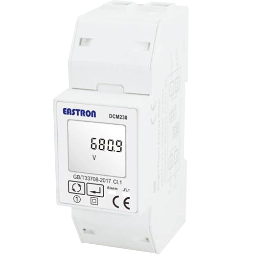DCM230 1-4-1-1 V1, DIN Rail Mount DC kWh Meter, 85-265VAC, 85-265VAC aux, Class 1, 45/60/75mV Shunt Connect, w/ 1 x pulse outputs and RS485 Modbus RTU Comms, Single Tariff, MID Approved