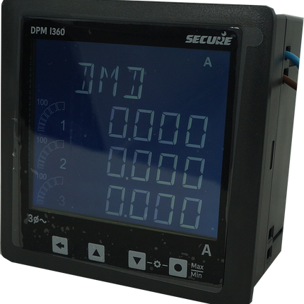 DPM96I360-2, 96mm x 96mm LCD Digital AC Ammeter, 3 Phase 0-6 Amp CT Inputs, 0.5% Accuracy, 40 to 300VAC/DC Supply, IP54 (Optional IP65)