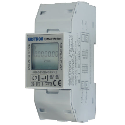 SDM230-Modbus-MID-V2, DIN Rail Mount kWh Meter, Single Phase, 240VAC aux, Class 1, 100Amp Direct Connect, w/ 2 x pulse outputs and RS485 Modbus RTU Comms, MID Approved, SAA212516