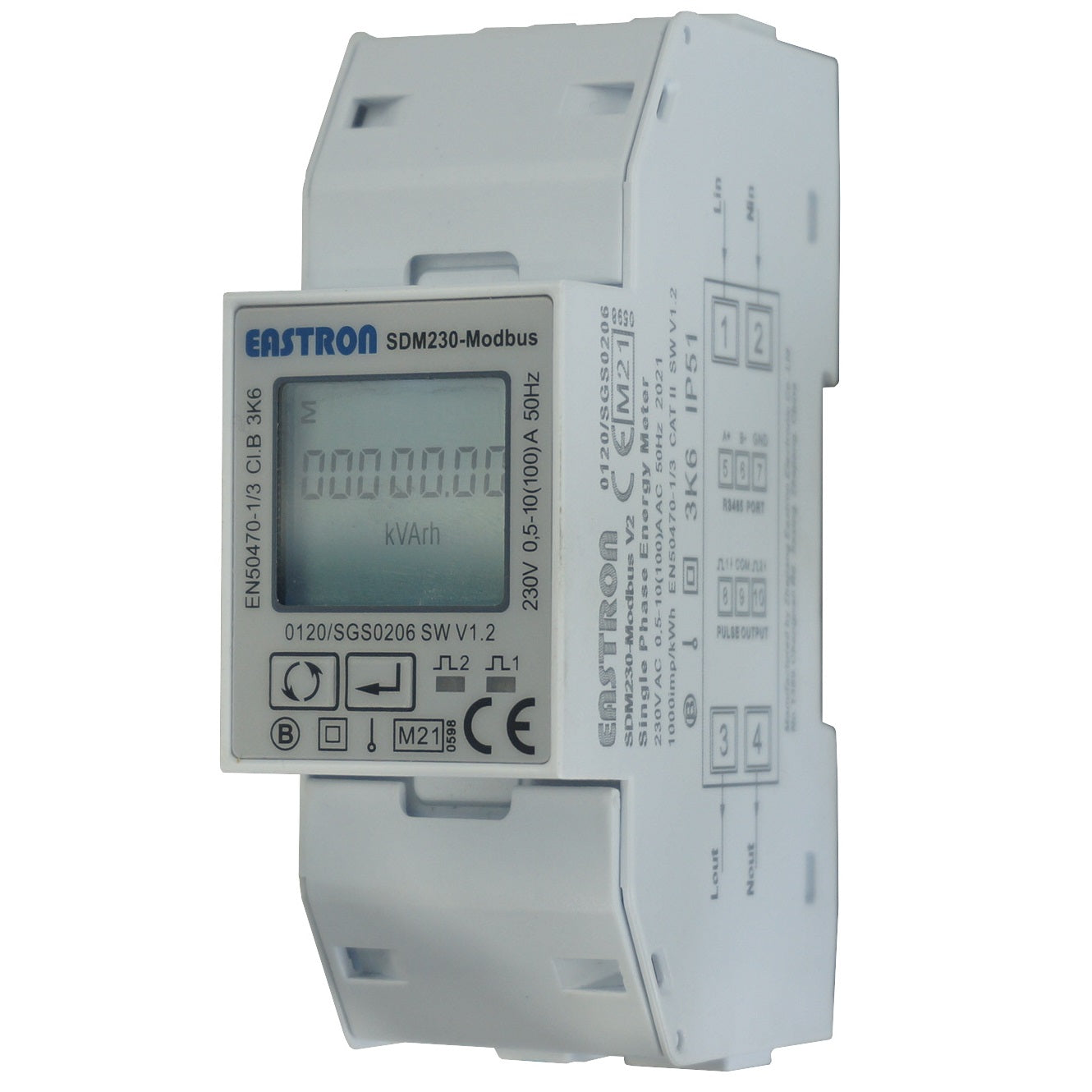 SDM230-Modbus-MID-V2, DIN Rail Mount kWh Meter, Single Phase, 240VAC aux, Class 1, 100Amp Direct Connect, w/ 2 x pulse outputs and RS485 Modbus RTU Comms, MID Approved