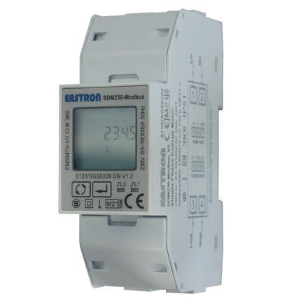 SDM230-Modbus-MID-V2, DIN Rail Mount kWh Meter, Single Phase, 240VAC aux, Class 1, 100Amp Direct Connect, w/ 2 x pulse outputs and RS485 Modbus RTU Comms, MID Approved, SAA212516