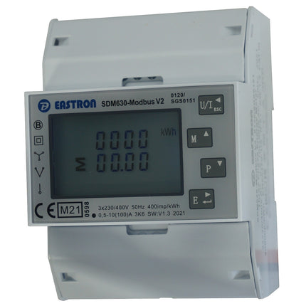 SDM630Modbus-MID-V2-GROWATT-SOLAX, DIN Rail Mount kWh Meter, 3 Phase, Class 1, 100Amp Direct Connect, w/ 2 x pulse outputs and RS485 Modbus RTU Comms, MID Approved, Special 100mS Communication response time