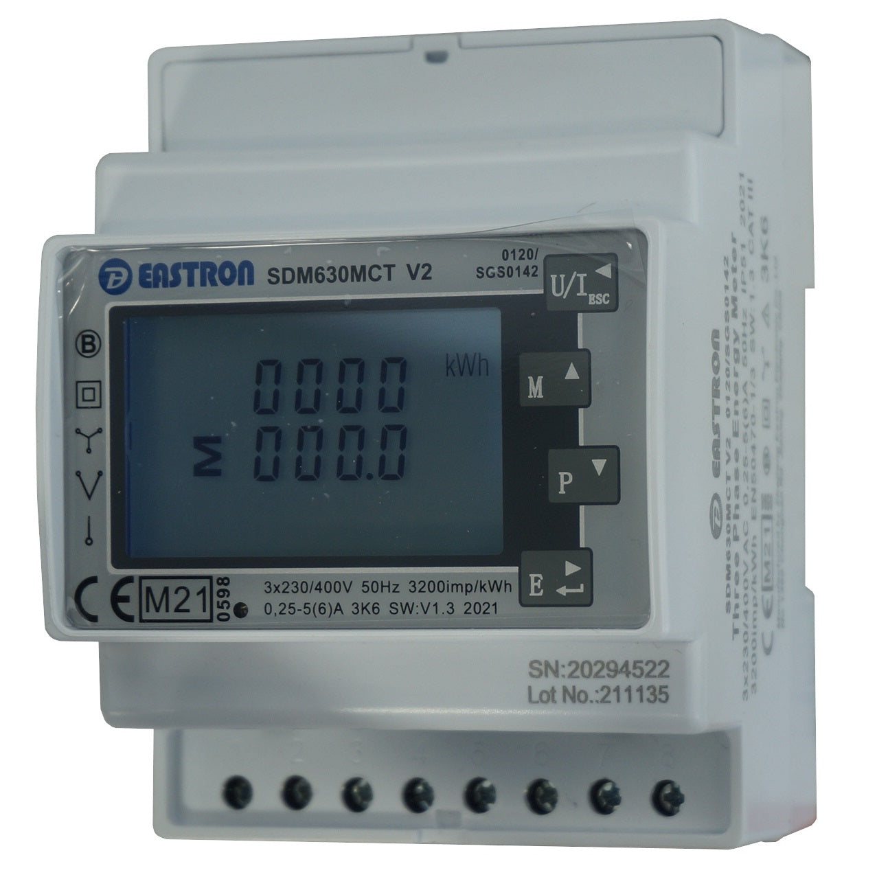 SDM630MCT-MODBUS-MID-CL1 V2, DIN Rail Mount kWh Meter, 3 Phase, 240VAC aux, Class 1, 1/5 Amp CT Connect, w/ 2 x pulse outputs and RS485 Modbus RTU Comms