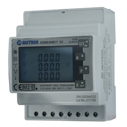SDM630MCT-MODBUS-CL1 V2, DIN Rail Mount kWh Meter, 3 Phase, 240VAC aux, Class 1, 1/5 Amp CT Connect, w/ 2 x pulse outputs and RS485 Modbus RTU Comms, NON MID Version