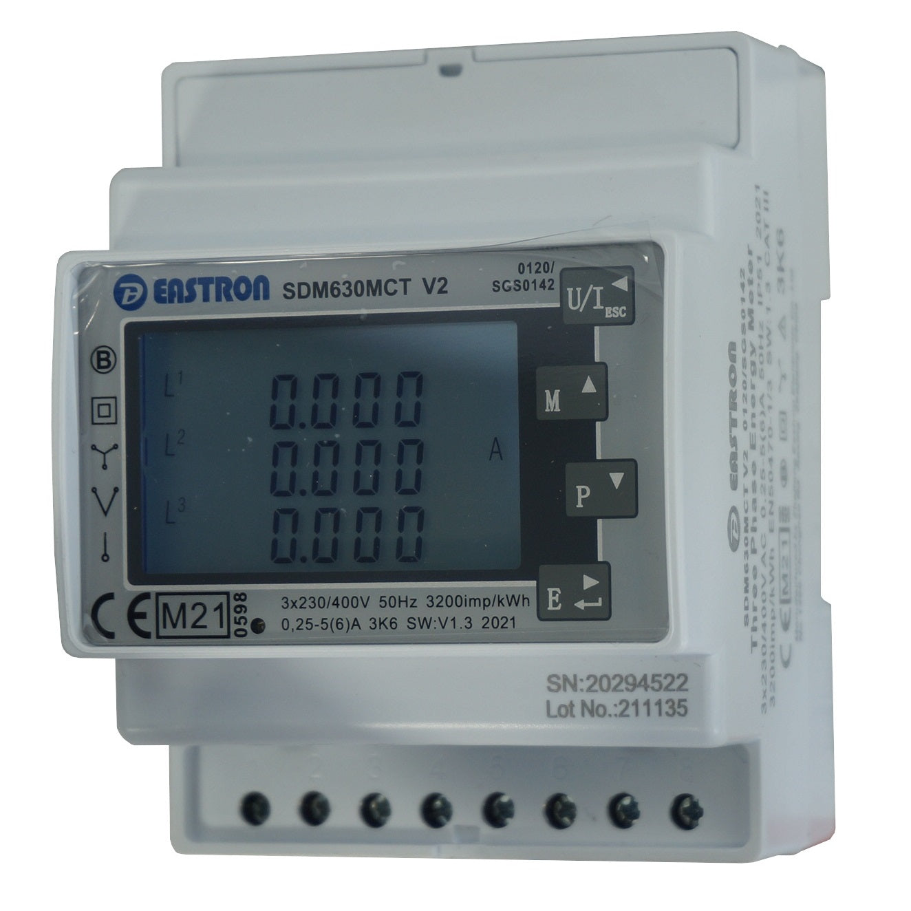 SDM630MCT-MV, DIN Rail Mount kWh Meter, 3 Phase, 240VAC aux, Class 1, 0.333V CT Connect, w/ 2 x pulse outputs and RS485 Modbus RTU Comms, SAA Approved