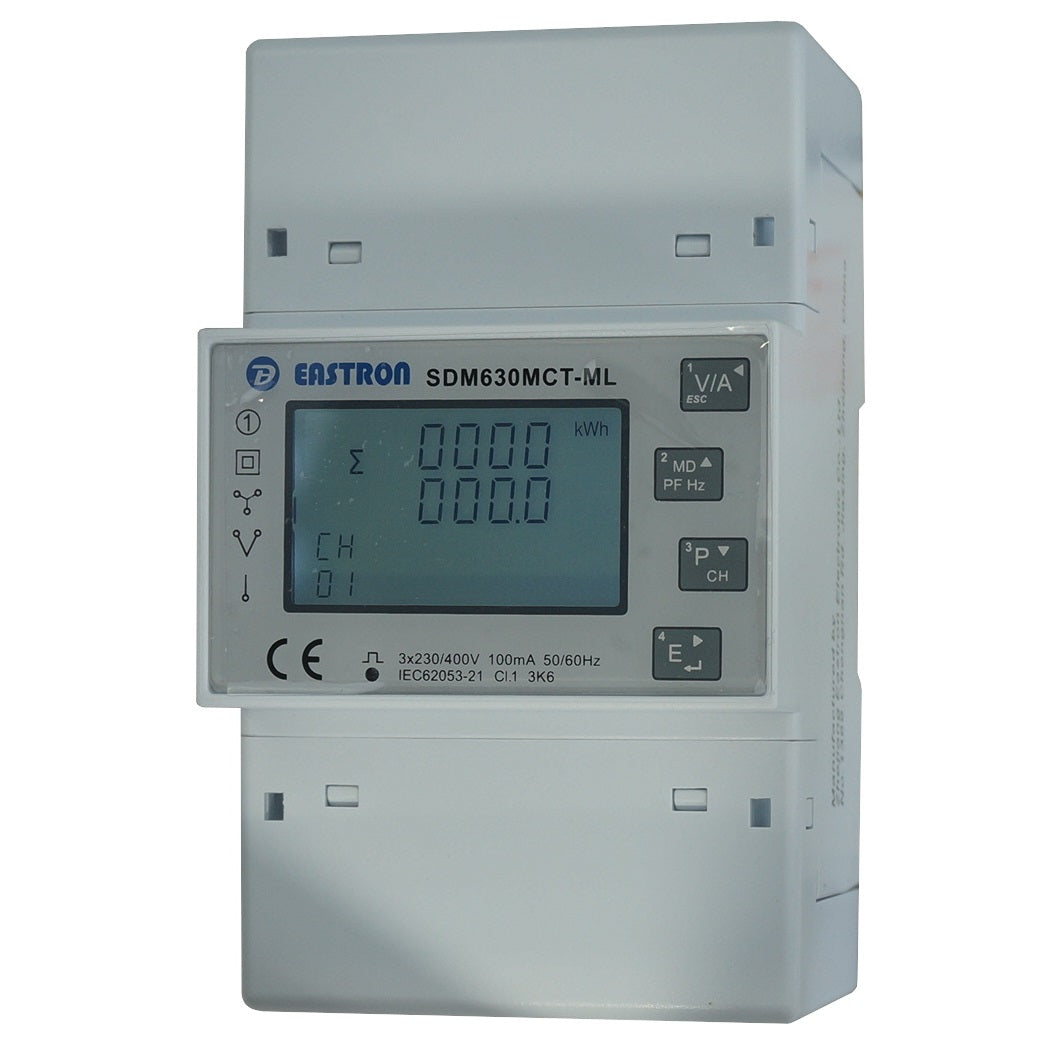 SDM630MCT-4L-MID, Quad 3 Phase DIN Rail Mount kWh Meter with Easyclick, 4 x 3 Phase or 12 x Single Phase, 240VAC aux, Class 1, 100mA RJ12 CT Connect, w/RS485 Modbus RTU Comms
