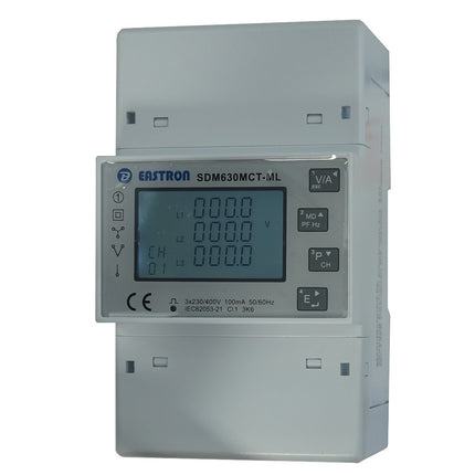 SDM630MCT-2L-MID, Dual 3 Phase DIN Rail Mount kWh Meter with Easyclick, 2 x 3 Phase or 6 x Single Phase, 240VAC aux, Class 1, 100mA RJ12 CT Connect, w/RS485 Modbus RTU Comms