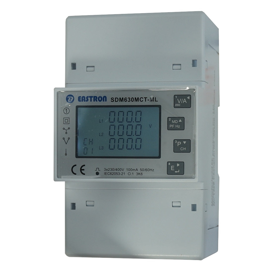 SDM630MCT-2L-TCP, Dual 3 Phase DIN Rail Mount kWh Meter with Easyclick, 2 x 3 Phase or 6 x Single Phase, 240VAC aux, Class 1, 100mA RJ12 CT Connect, w/RS485 Modbus RTU Comms