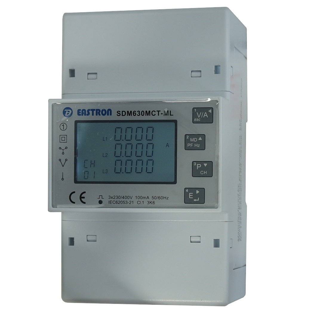 SDM630MCT-2L-TCP, Dual 3 Phase DIN Rail Mount kWh Meter with Easyclick, 2 x 3 Phase or 6 x Single Phase, 240VAC aux, Class 1, 100mA RJ12 CT Connect, w/RS485 Modbus RTU Comms