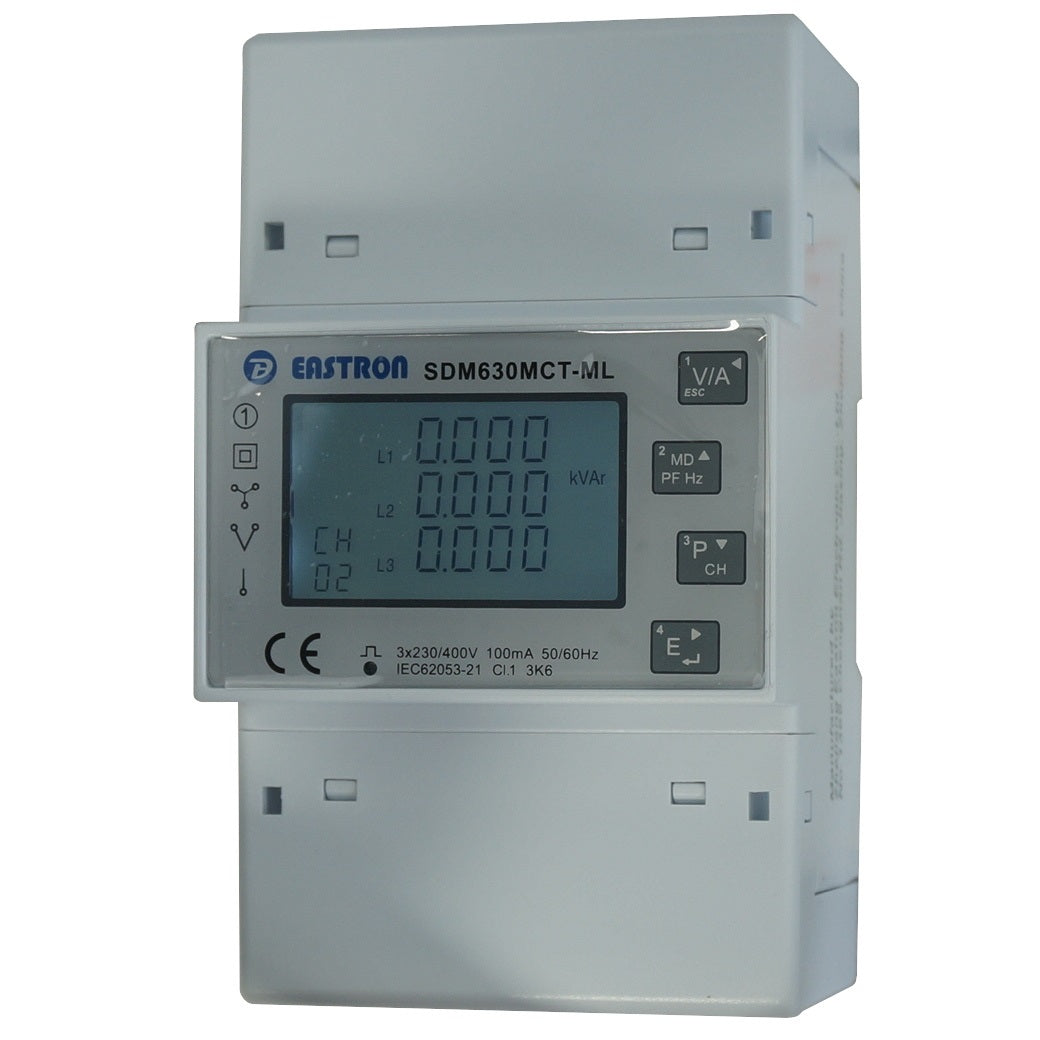 SDM630MCT-4L-MID, Quad 3 Phase DIN Rail Mount kWh Meter with Easyclick, 4 x 3 Phase or 12 x Single Phase, 240VAC aux, Class 1, 100mA RJ12 CT Connect, w/RS485 Modbus RTU Comms