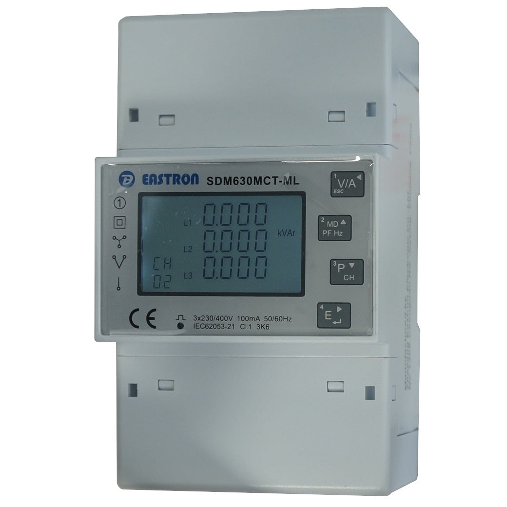 SDM630MCT-2L-TCP, Dual 3 Phase DIN Rail Mount kWh Meter with Easyclick, 2 x 3 Phase or 6 x Single Phase, 240VAC aux, Class 1, 100mA RJ12 CT Connect, w/RS485 Modbus RTU Comms