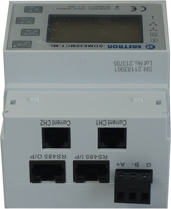 SDM630MCT-2L-TCP, Dual 3 Phase DIN Rail Mount kWh Meter with Easyclick, 2 x 3 Phase or 6 x Single Phase, 240VAC aux, Class 1, 100mA RJ12 CT Connect, w/RS485 Modbus RTU Comms