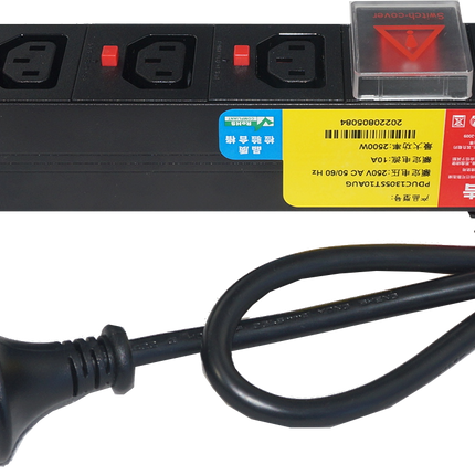 DSTO-MAU-5F-R-0.8M-N-H-SP1, Power Distribution Unit (PDU) with IEC Inlet Male AU Plug via 10.5M Cable, to 5 x F/C13 Outlet, 240VAC @ 10 Amp with Rocker Switch, Rack Mounted, with Overload Protection, MOQ = 10pcs, Metal Construction