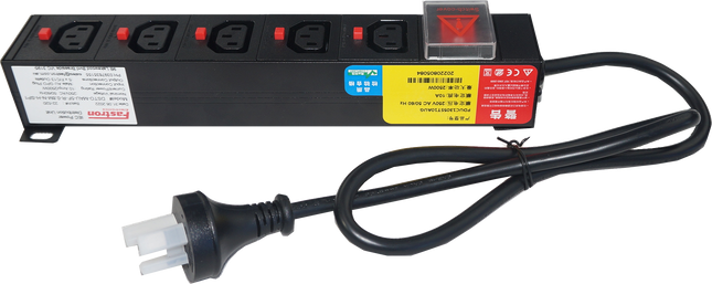 DSTO-MAU-5F-R-0.8M-N-H-SP1, Power Distribution Unit (PDU) with IEC Inlet Male AU Plug via 10.5M Cable, to 5 x F/C13 Outlet, 240VAC @ 10 Amp with Rocker Switch, Rack Mounted, with Overload Protection, MOQ = 10pcs, Metal Construction