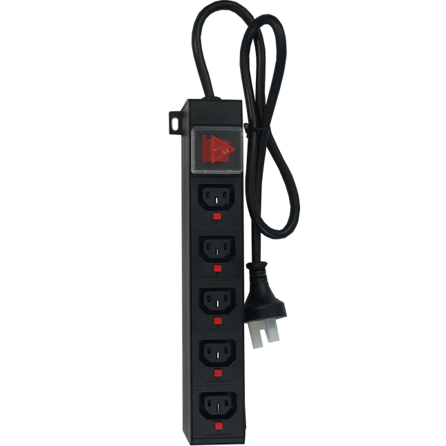 DSTO-MAU-5F-R-0.8M-N-H-SP1, Power Distribution Unit (PDU) with IEC Inlet Male AU Plug via 10.5M Cable, to 5 x F/C13 Outlet, 240VAC @ 10 Amp with Rocker Switch, Rack Mounted, with Overload Protection, MOQ = 10pcs, Metal Construction