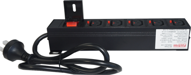 DSTO-MAU-5F-R-0.8M-N-H, Power Distribution Unit (PDU) with IEC Inlet Male AU Plug via 10.5M Cable, to 5 x F/C13 Outlet, 240VAC @ 10 Amp with Rocker Switch, Rack Mounted, with Overload Protection, MOQ = 10pcs (if not in stock), Metal Construction