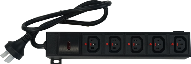 DSTO-MAU-5F-R-0.8M-N-H, Power Distribution Unit (PDU) with IEC Inlet Male AU Plug via 10.5M Cable, to 5 x F/C13 Outlet, 240VAC @ 10 Amp with Rocker Switch, Rack Mounted, with Overload Protection, MOQ = 10pcs (if not in stock), Metal Construction