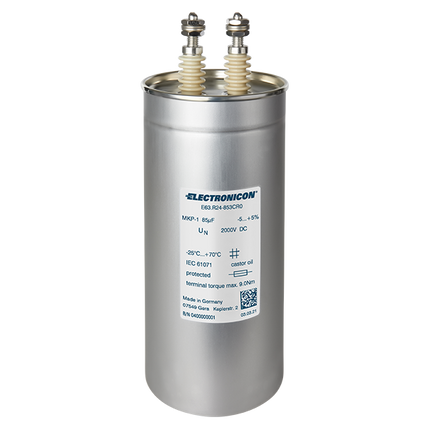 E63.S32-204CRO, 200uF, DC Link Capacitor ø136 x 320mm, M10x25 terminals with Bushing. CRO Design, Voltage: 3200VDC