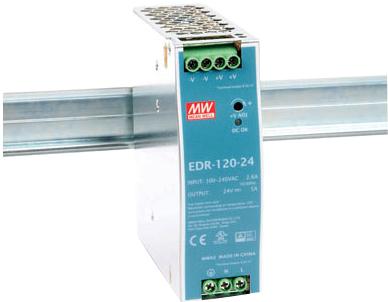 EDR-120-24, Universal Din Rail Mount Power Supply, 85-164VAC or 124-370VDC input, 24VDC @ 5A output-Power Supply-Meanwell-Fastron Electronics Store
