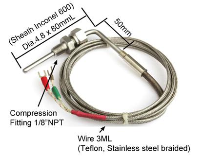 FTCK-5-EGT-3000-B-INC-1/8 EGT Vehicle Exhaust Sensor, Type K MIMS Class B, 1/8" NPT Inconel 600 80mm x 50mm x 4.8mm Probe w/ 3000mm Screened Teflon/Braided SS cable, 0 to 1100 Deg C-Temperature Sensor-Fastron Electronics-Fastron Electronics Store
