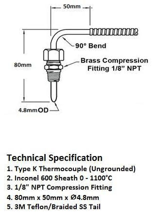 FTCK-5-EGT-3000-B-INC-1/8 EGT Vehicle Exhaust Sensor, Type K MIMS Class B, 1/8" NPT Inconel 600 80mm x 50mm x 4.8mm Probe w/ 3000mm Screened Teflon/Braided SS cable, 0 to 1100 Deg C-Temperature Sensor-Fastron Electronics-Fastron Electronics Store