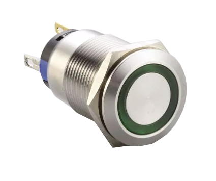 F19-271RGB, 19mm Momentary Pushbutton Switch Metal with RED/GREEN/BLUE Ring Illumination, 1xNO 1xNC, 3 Amp (Nominal) 5 Amp (Max) @ 250VAC or 24VDC, 24VDC Illumination Supply, 0.05 Million Ops