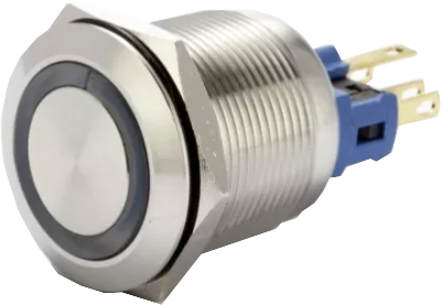 F22-371O, 22mm Latching Pushbutton Switch Metal with ORANGE Ring Illumination, 1xNO 1xNC, 3Amp @ 250VAC or 24VDC, 24VDC Illumination Supply, 0.05 Million Ops