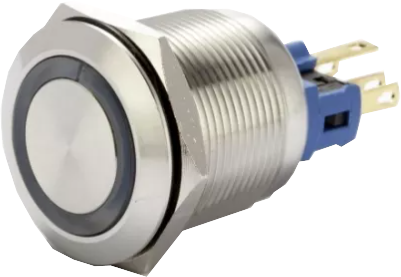 F22-371G, 22mm Latching Pushbutton Switch Metal with GREEN Ring Illumination, 1xNO 1xNC, 3Amp (Nominal) 5 Amp (Max) @ 250VAC or 24VDC, 24VDC Illumination Supply, 0.05 Million Ops