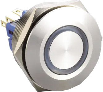 F30-371B, 22mm Latching Pushbutton Switch Metal with BLUE Ring Illumination, 1xNO 1xNC, 3Amp @ 250VAC or 24VDC, 24VDC Illumination Supply, 0.05 Million Ops