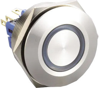 F30-272B, 22mm Momentary Pushbutton Switch Metal with BLUE Ring Illumination, 2xNO 2xNC, 3 Amp (Nominal) 5 Amp (Max) @ 250VAC or 24VDC, 24VDC Illumination Supply, 0.05 Million Ops