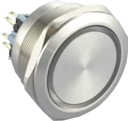 F40-371O, 22mm Latching Pushbutton Switch Metal with ORANGE Ring Illumination, 1xNO 1xNC, 3Amp @ 250VAC or 24VDC, 24VDC Illumination Supply, 0.05 Million Ops