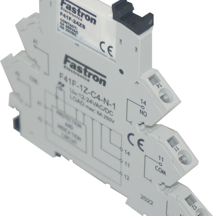 F41F-1Z-C4-N-4-240VAC, Slim Relay & Socket with Spring Terminals 220/240VAC Input, 6 Amp @ 30VDC/250VAC-Relay Slimline-Fastron Electronics-Fastron Electronics Store