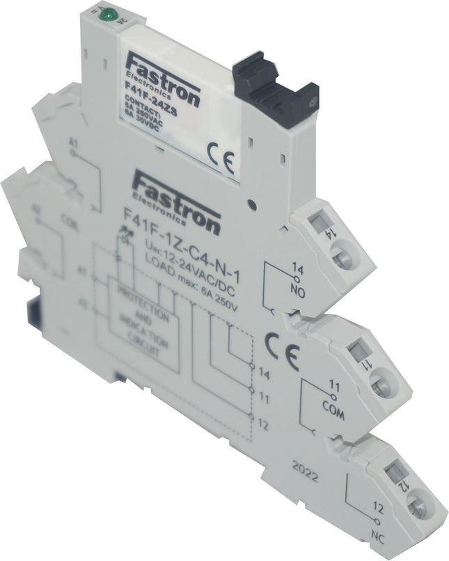 F41F-1Z-C4-N-4-240VAC, Slim Relay & Socket with Spring Terminals 220/240VAC Input, 6 Amp @ 30VDC/250VAC-Relay Slimline-Fastron Electronics-Fastron Electronics Store