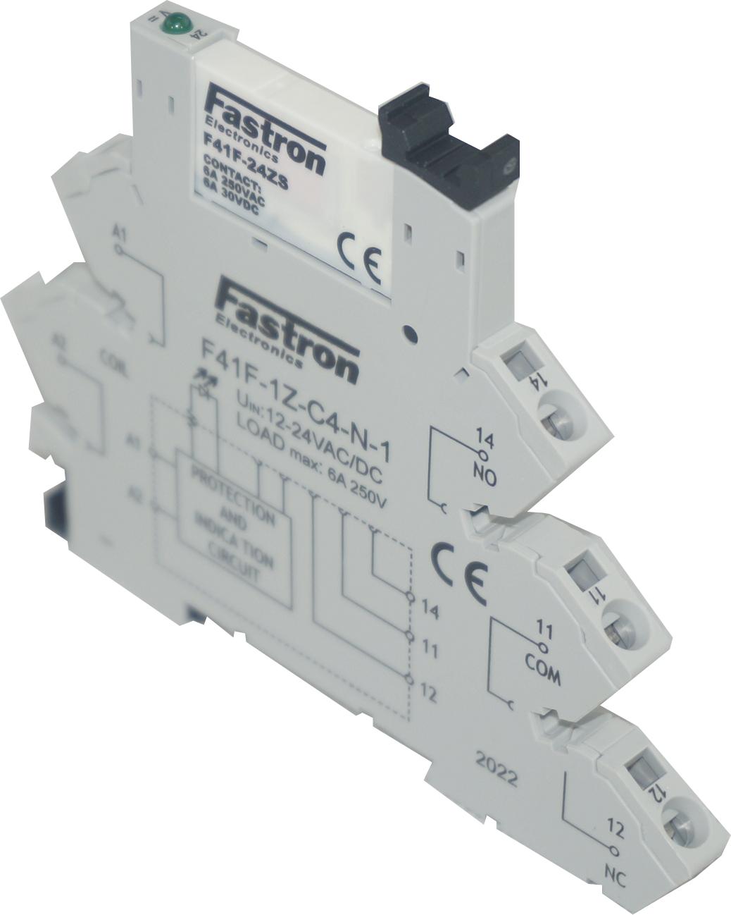 F41F-1Z-C4-1-12/24AC/DC, Slim Relay & Socket with Spring Terminals 12-24VAC/DC Input, 6 Amp @ 30VDC/250VAC-Relay Slimline-Fastron Electronics-Fastron Electronics Store