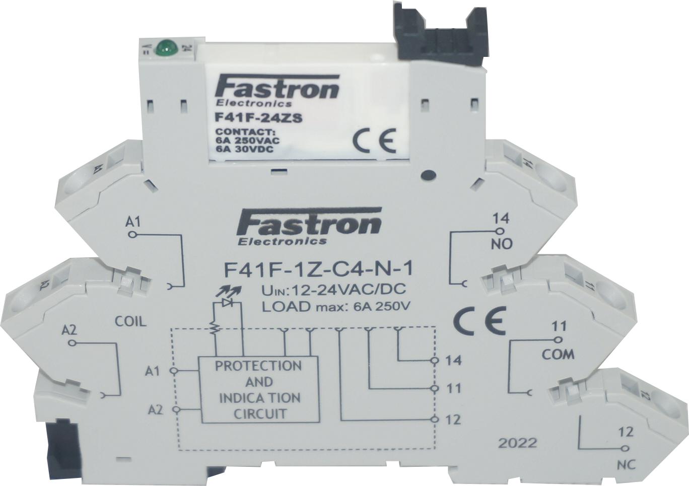 F41F-1Z-C4-1-12/24AC/DC, Slim Relay & Socket with Spring Terminals 12-24VAC/DC Input, 6 Amp @ 30VDC/250VAC-Relay Slimline-Fastron Electronics-Fastron Electronics Store