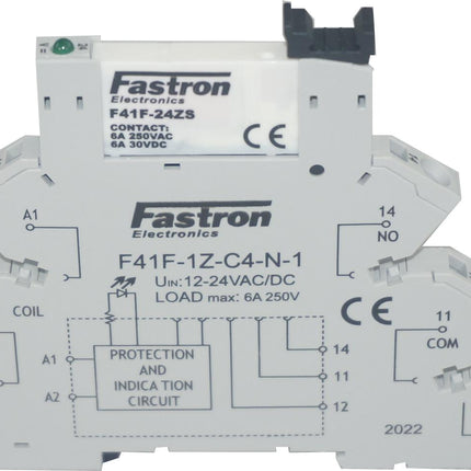 F41F-1Z-C4-N-4-240VAC, Slim Relay & Socket with Spring Terminals 220/240VAC Input, 6 Amp @ 30VDC/250VAC-Relay Slimline-Fastron Electronics-Fastron Electronics Store