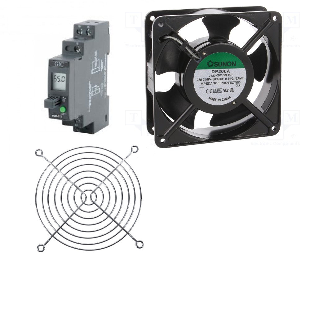 FAN120-FG-R , 120mm 94CFM 240VAC Fan, with Finger Guard and 41A111AR Temp Control Relay, Panel Mount and Din Rail Mount, Relay output, Dual Setpoint -10 to 55 Deg C Range