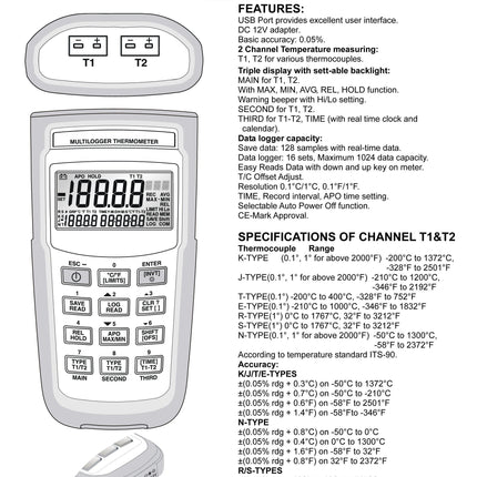 6806U USB Battery Powered Dual Thermocouple Input Temperature Logger-Portable Meter-Fastron Electronics-Fastron Electronics Store