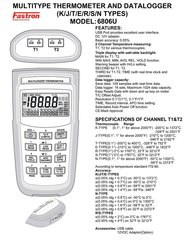 6806U USB Battery Powered Dual Thermocouple Input Temperature Logger-Portable Meter-Fastron Electronics-Fastron Electronics Store