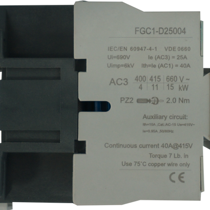 FGC1-D25004-230VAC, AC Contactor, 240VAC Control Voltage, 4 Pole 4 x NO, Nominal Current = 25 Amps(AC-3) @ 240/400/500/690V