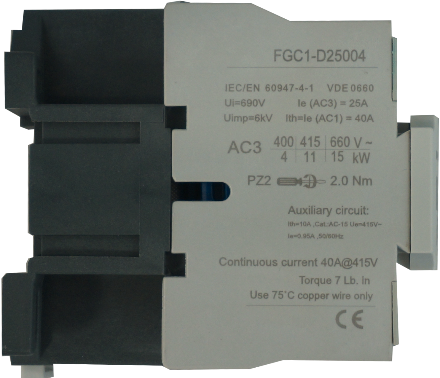 FGC1-D25004-230VAC, AC Contactor, 240VAC Control Voltage, 4 Pole 4 x NO, Nominal Current = 25 Amps(AC-3) @ 240/400/500/690V