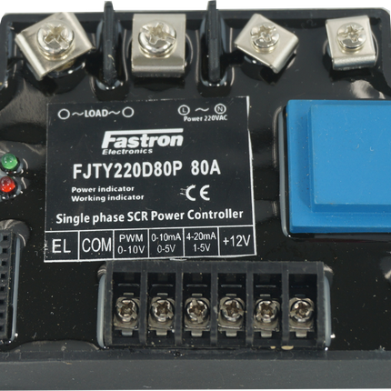 FJTY220D80P, Single Phase Intelligent Phase or Burst Control Module with 2 second Soft Start, 4-20mA,0-10V,0-5V,10K POT Input, 220VAC, 80 Amp Per Phase