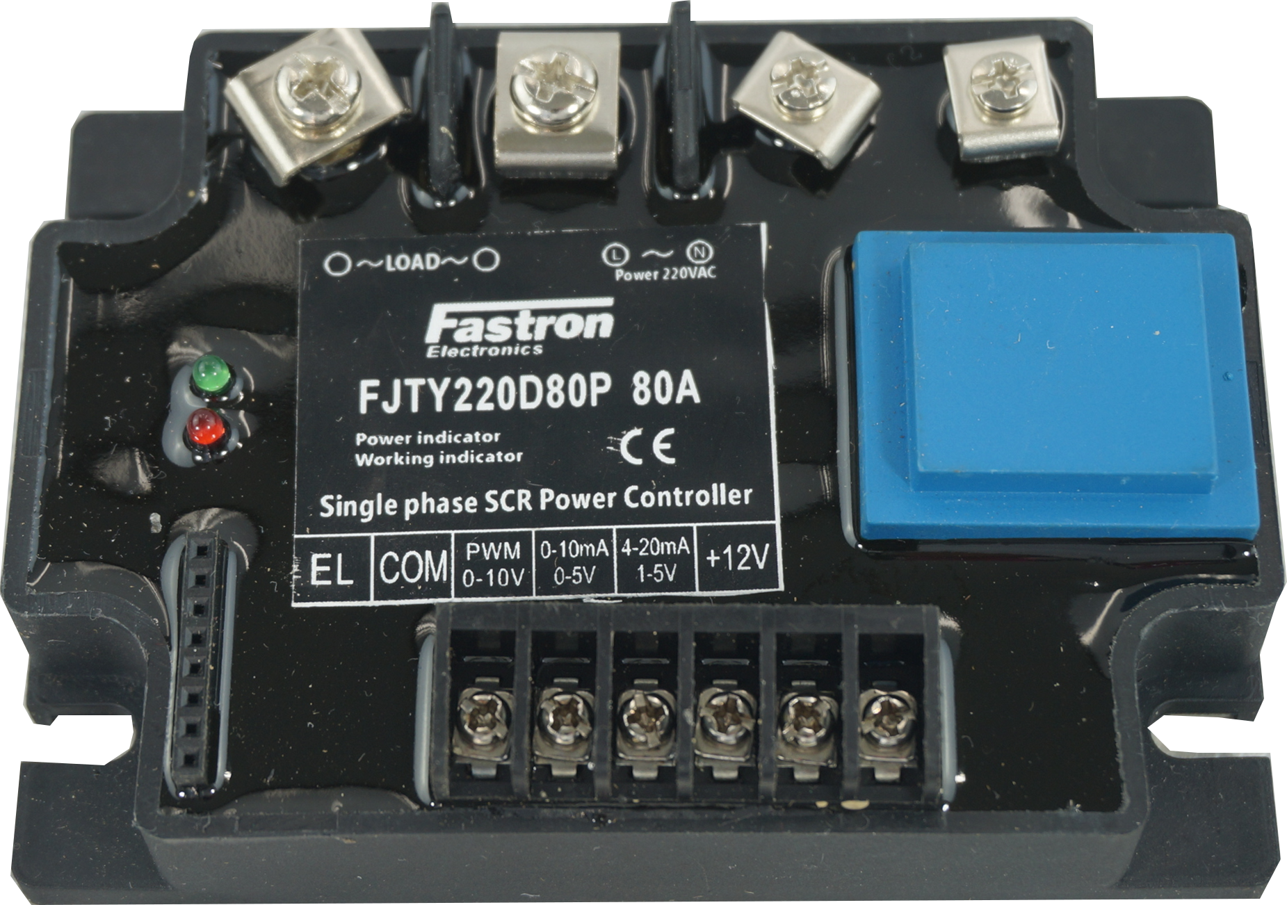 FJTY220D80P, Single Phase Intelligent Phase or Burst Control Module with 2 second Soft Start, 4-20mA,0-10V,0-5V,10K POT Input, 220VAC, 80 Amp Per Phase