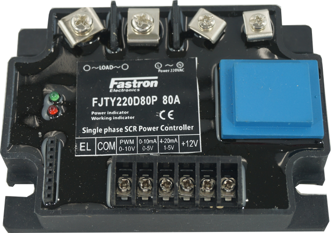 FJTY220D80P, Single Phase Intelligent Phase or Burst Control Module with 2 second Soft Start, 4-20mA,0-10V,0-5V,10K POT Input, 220VAC, 80 Amp Per Phase