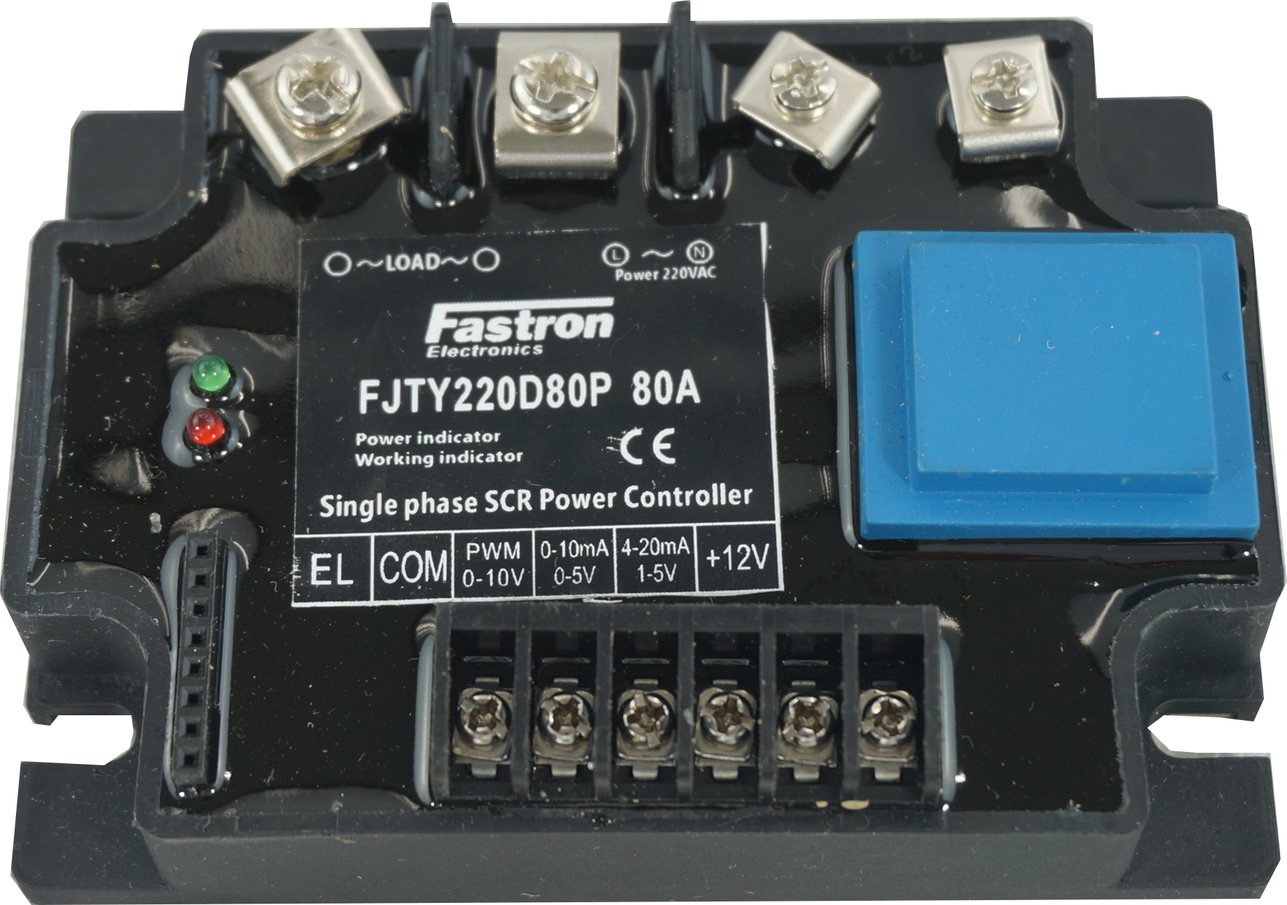 HS212F + FJTY220D80P, Single Phase Intelligent Phase or Burst Controller with 2 second Soft Start, 4-20mA,0-10V,0-5V,10K POT Input, 220VAC, 80 Amp @ 50 Deg C